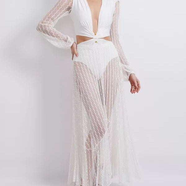 2023 Swimwear Women's V-Neck Mesh Long Sleeve Swimsuit Sexy Stitching Hollow Out Bikini Luxury Beachwear Sexy Bathing Suit