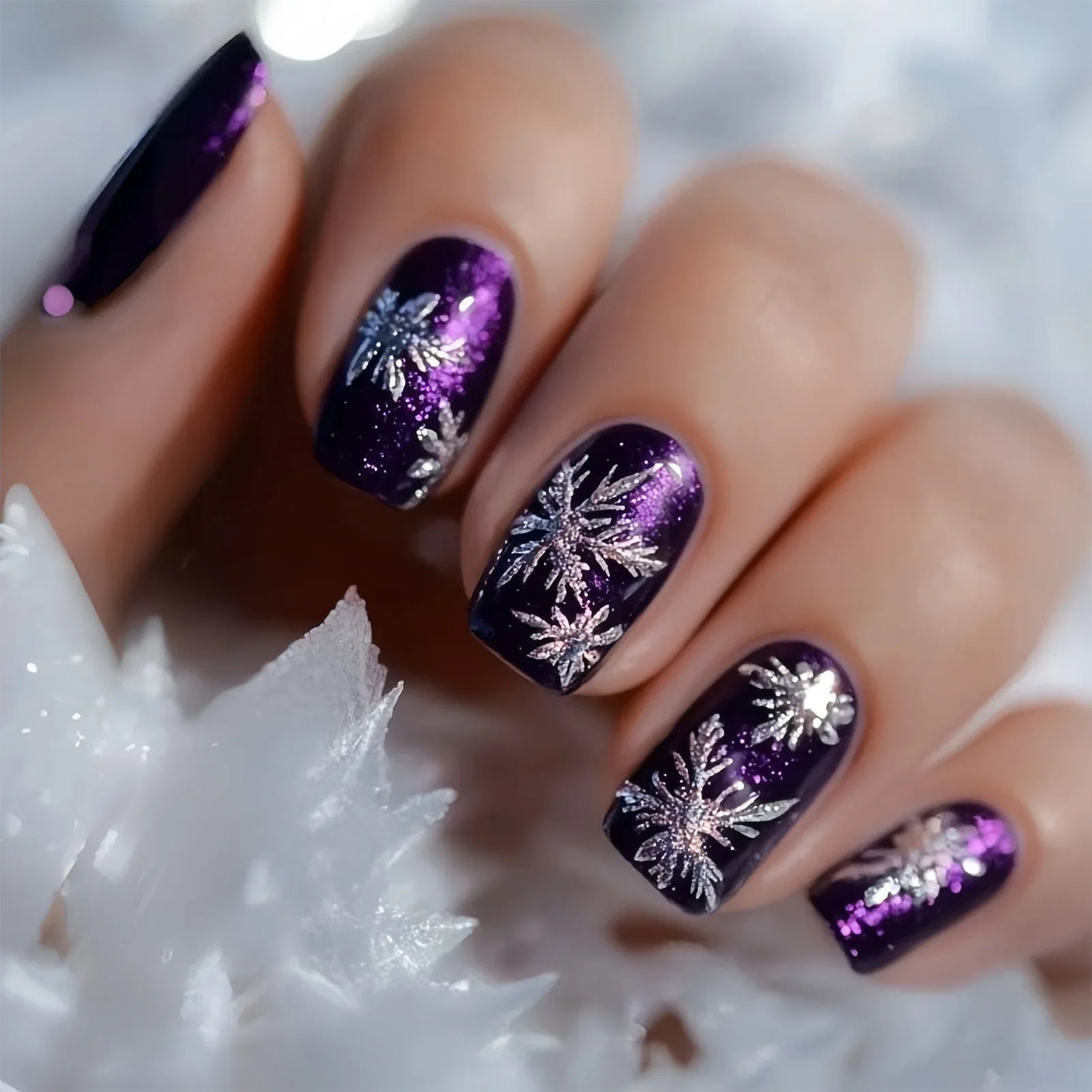 24Pcs Glossy Purple Fake Nails White Snowflake Printed Square Press On Nails Women Christmas Party False Nails DIY Manicure
