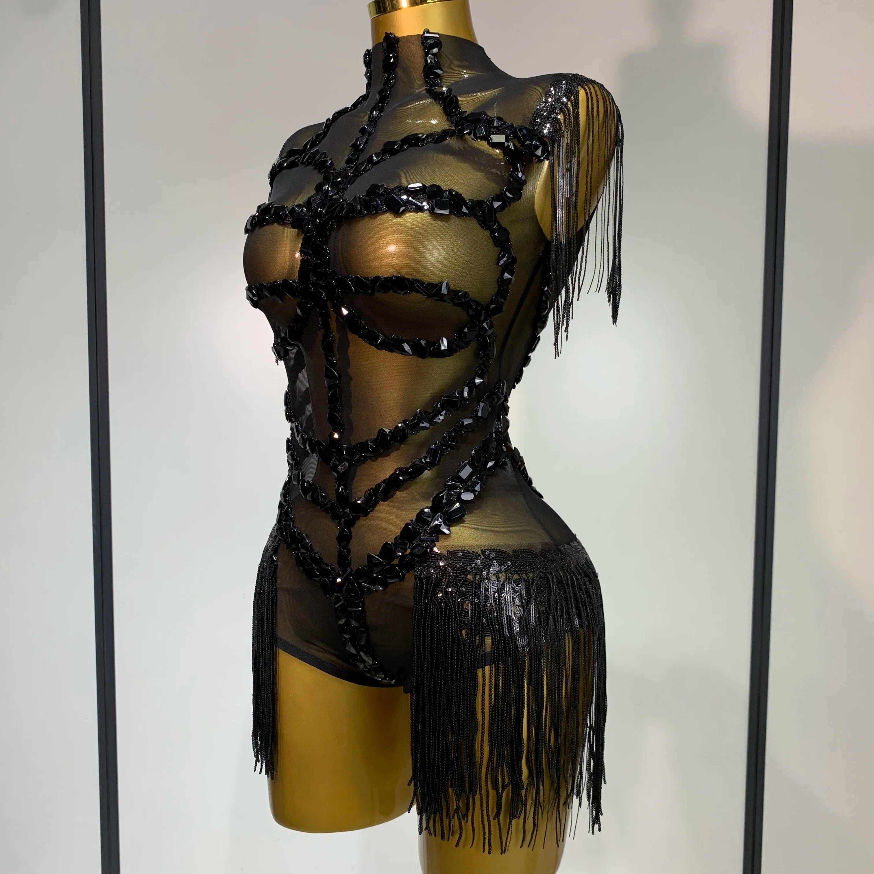 Sexy Mesh SeeThrough Black Rhinestone Bodysuit Singer Dancer Show Stage Outfit Celebrate Birthday party Club Performance Waer