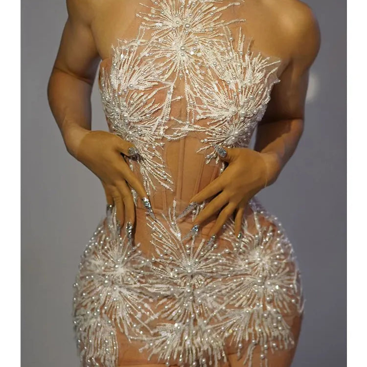 Stock Women Backless Halter Tassel Pearl Snow Mini White Dress Birthday Party Costume Bar Nightclub Stage Performance Dress