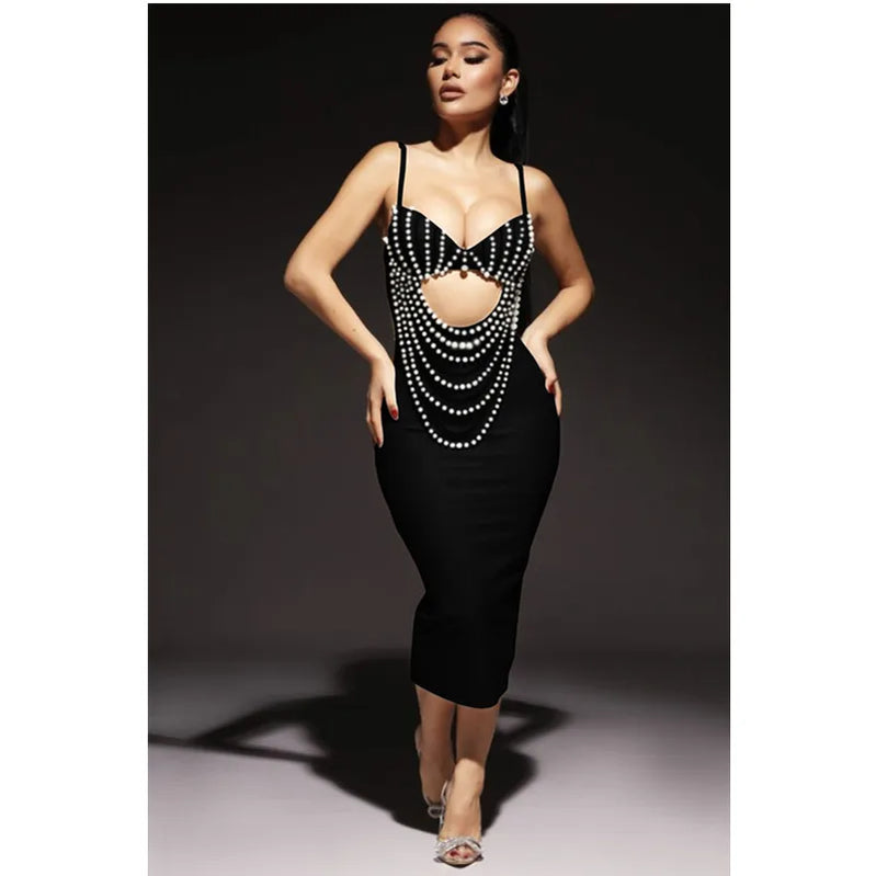 Women Summer Fashion Sexy Sleeveless Diamonds White Pearl Tassel Bodycon Bandage Dress Elegant Evening Club Party Dress black