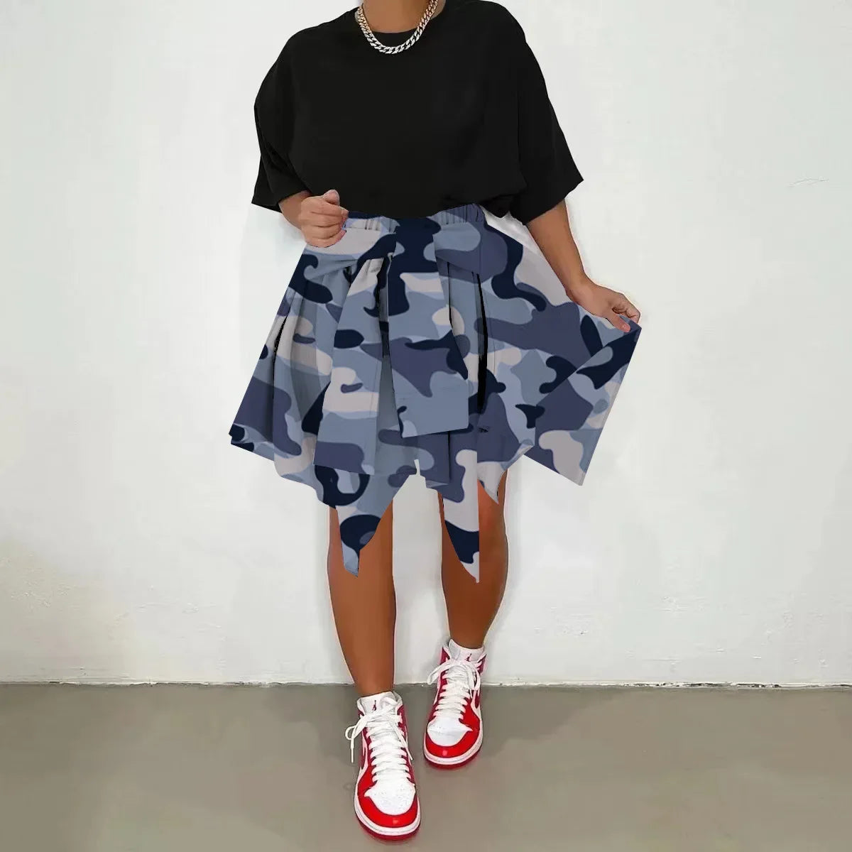 CM.YAYA Women Plaid Irregular High Waist Knee Length Skirts 2022 Summer Holiday Streetwear Sleeve Wrapped Lace Up Waist Skirt Blue Camouflage