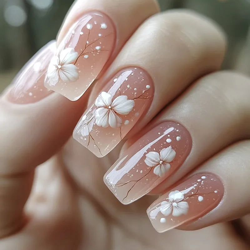 24pcs/set Medium long fake nails yellow dragon flowers feather design for Spring summer Square almond tips press on false nail