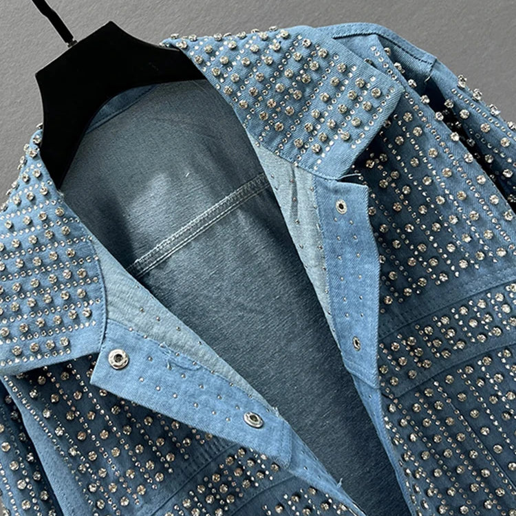 Streetwear Patchwork Rivet Denim Jacket Women Fashion Lapel Long Sleeve Loose Coats Female Outerwear Autumn Trend
