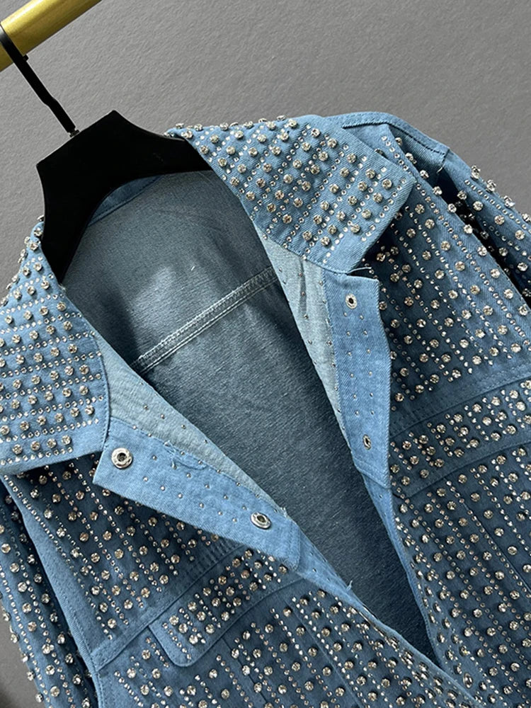 Streetwear Patchwork Rivet Denim Jacket Women Fashion Lapel Long Sleeve Loose Coats Female Outerwear Autumn Trend