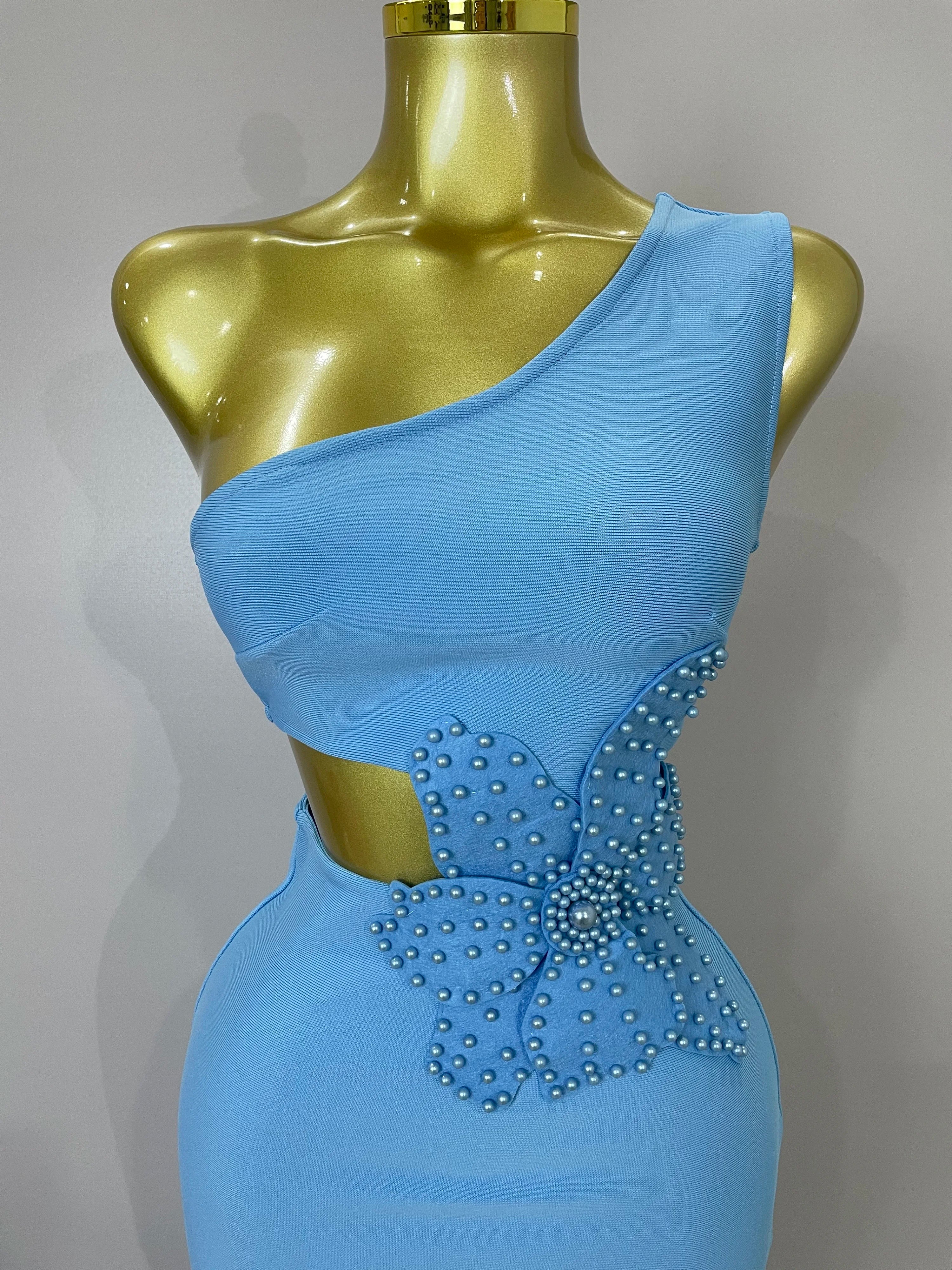 Luxury Sexy One Shoulder Pearl Sky Blue Bodycon Bandage Dress 2025 Women Celebrity Elegant Evening Club Birthday Party Outfit