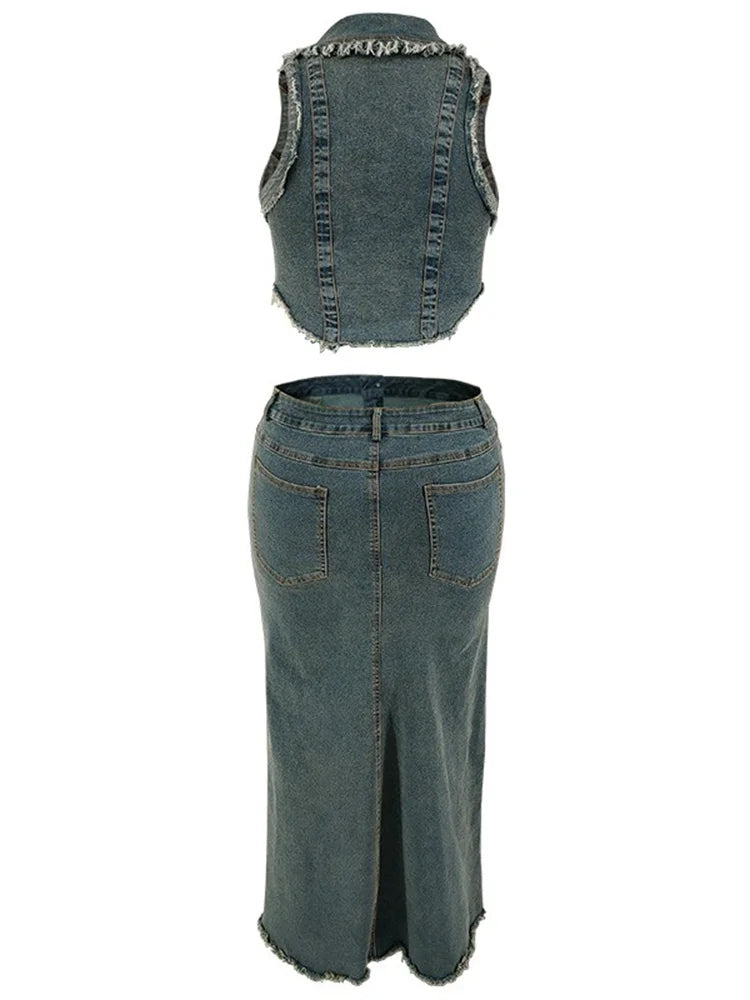 Wmstar Women Plus Size Denim Skirts Sets Two Piece Set Casual Summer Turn-down Collar Crop Tops Streetwear Matching Suits 2024
