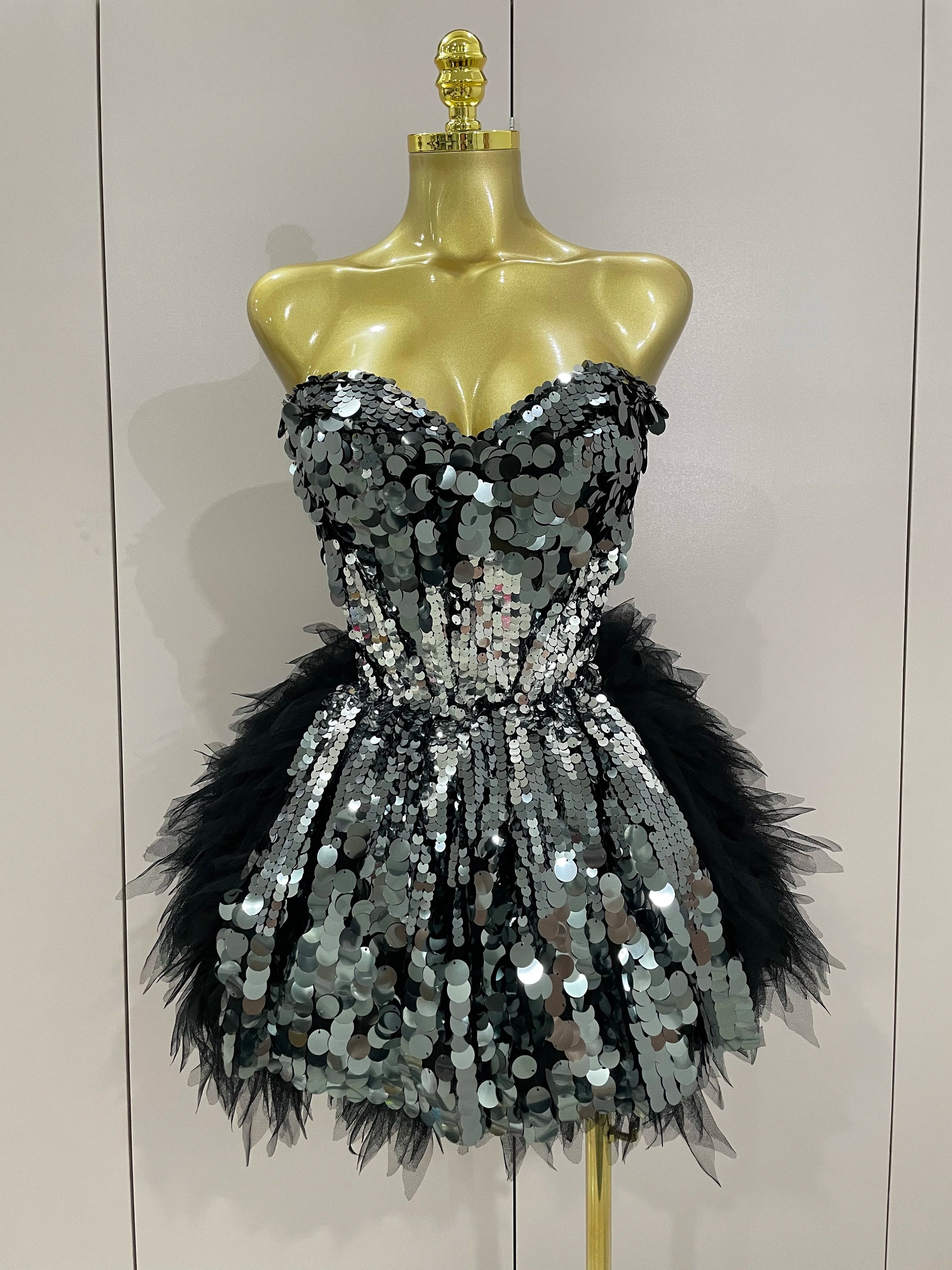 Sparkly Black Sequins Two Pieces Set 2025 Women Party Evening Prom Celebrate Birthday Dress Nightclub Photo Shoot Stage Costume