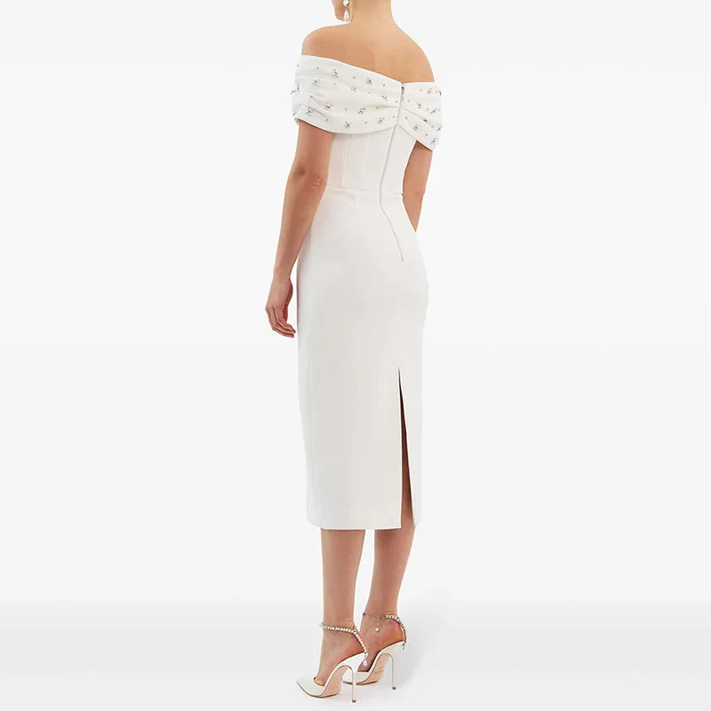 TWOTWINSTYLE Solid Slimming Spliced Bead Elegant Dresses for Women Slash Neck Short Sleeves Temperament Dress Female Fashion New
