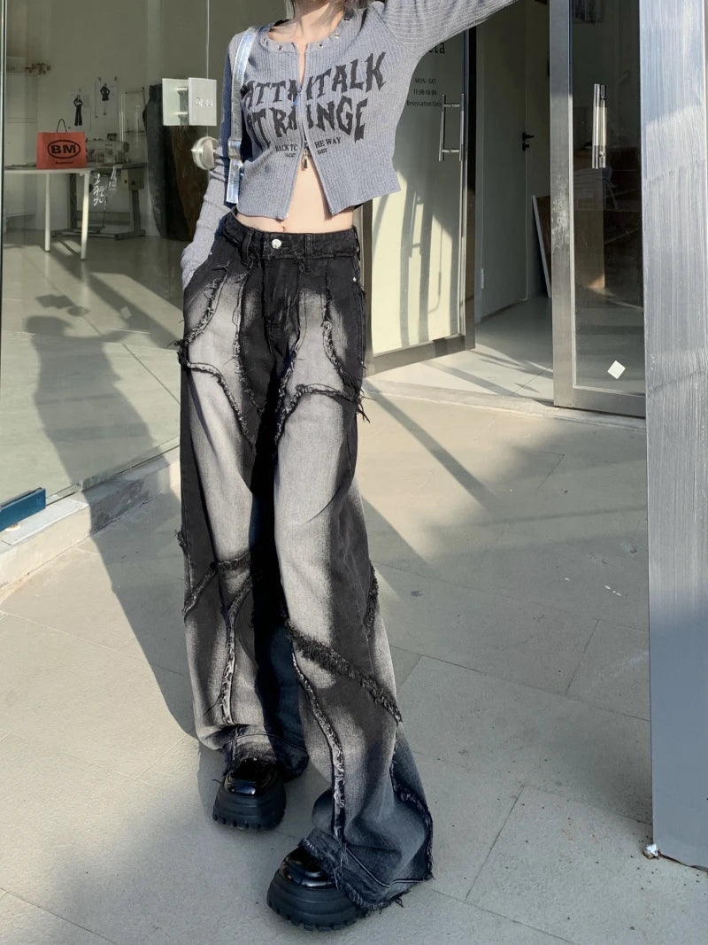 Autumn Winter New Straight Tube Denim Pants Woman American High Street Wide Leg Women's Jeans Black Tassels Women's Pants