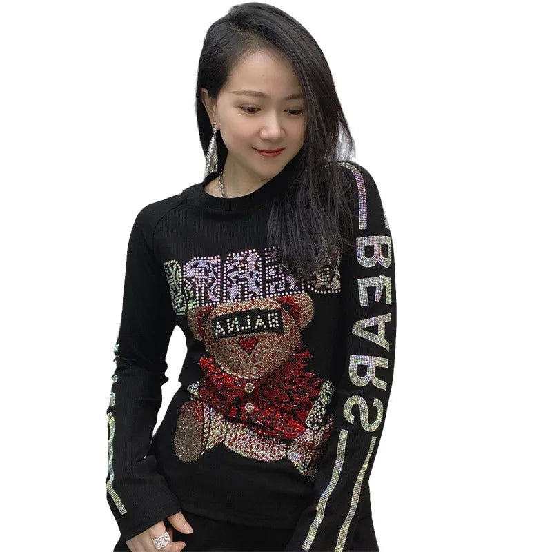 Fashion Heavy Industry Cartoon Letter Rhinestone Round Neck T-shirt Female Autumn New Black Long Sleeve Pullover Bottoming Shirt