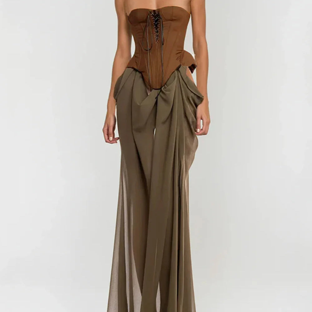 Vintage Off Shoulder Sleeveless Long Dresses Sexy Women Sheath Lace Up Patchwork Long Dress Elegant Summer For 2025 Vestidos