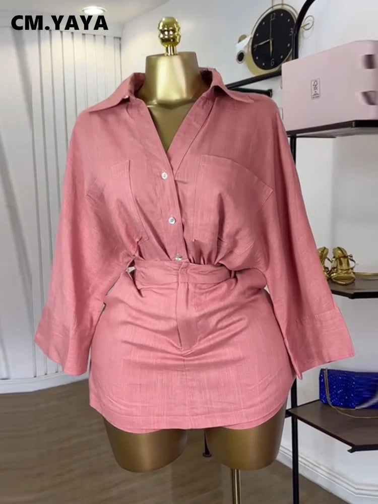CM.YAYA Fashion Women's Set Full Sleeve Turn-down Collar T-shirt and Skirts Shorts 2025 Chic Two 2 Piece Sets Outfit Tracksuits