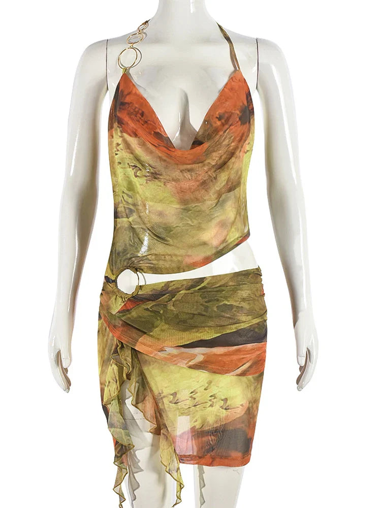 Kricesseen Tropical Halter Neck Mesh Print Ruffles Mini Dress Women Summer Backless O-Rings Cut-Out Night Dress Vacation Outfit MULTI