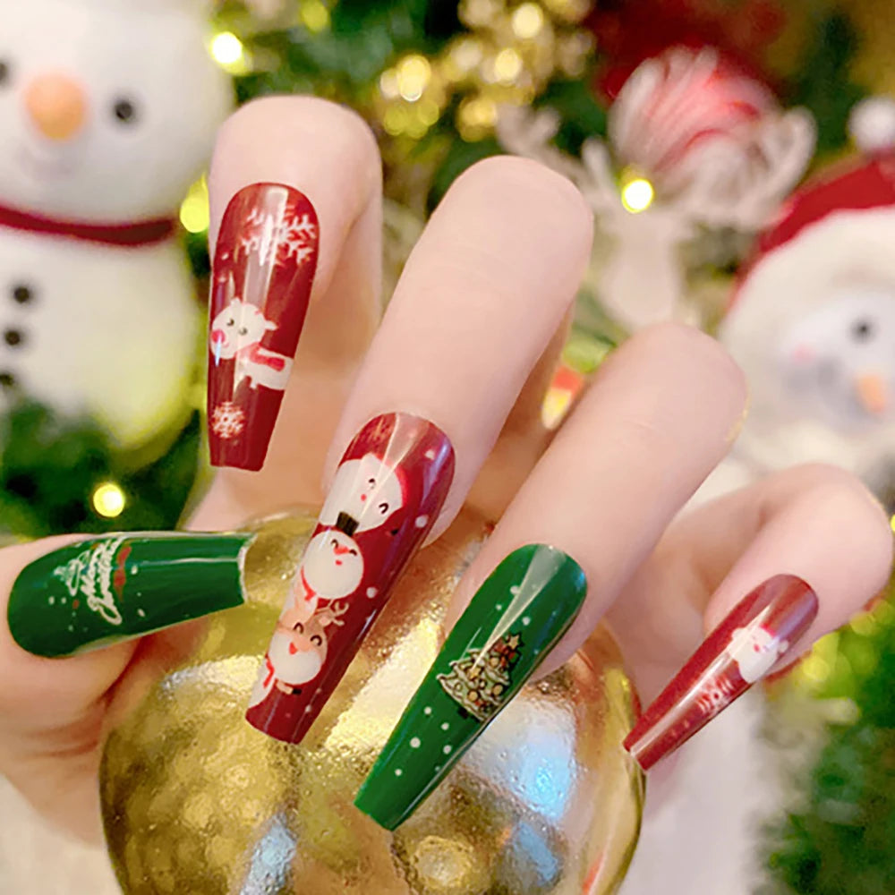24Pcs/Box Christmas Women Wearable Fake Nails Finished Full Cover Europe America Christmas Collection Short Flat Nails Art Gift 46