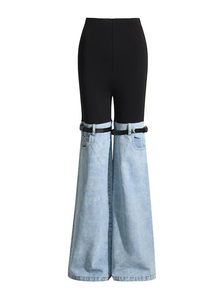 Hit Color Spliced Belt Jeans For Women High Waist Patchwork Pockets Slim Striaght Wide Leg Pant Female Fashion Style Clothes