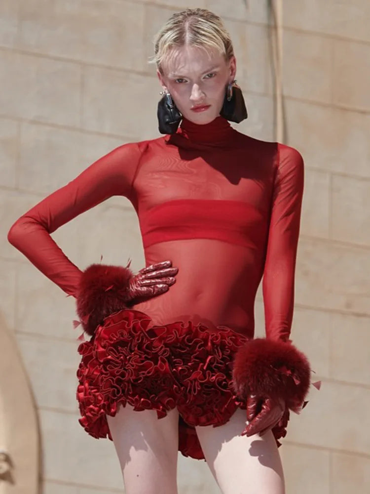 Vestido curto bandage sexy de malha transparente para mulheres, de Natal, com estampa floral, para boate, festa, bar, cantora, traje para apresentação