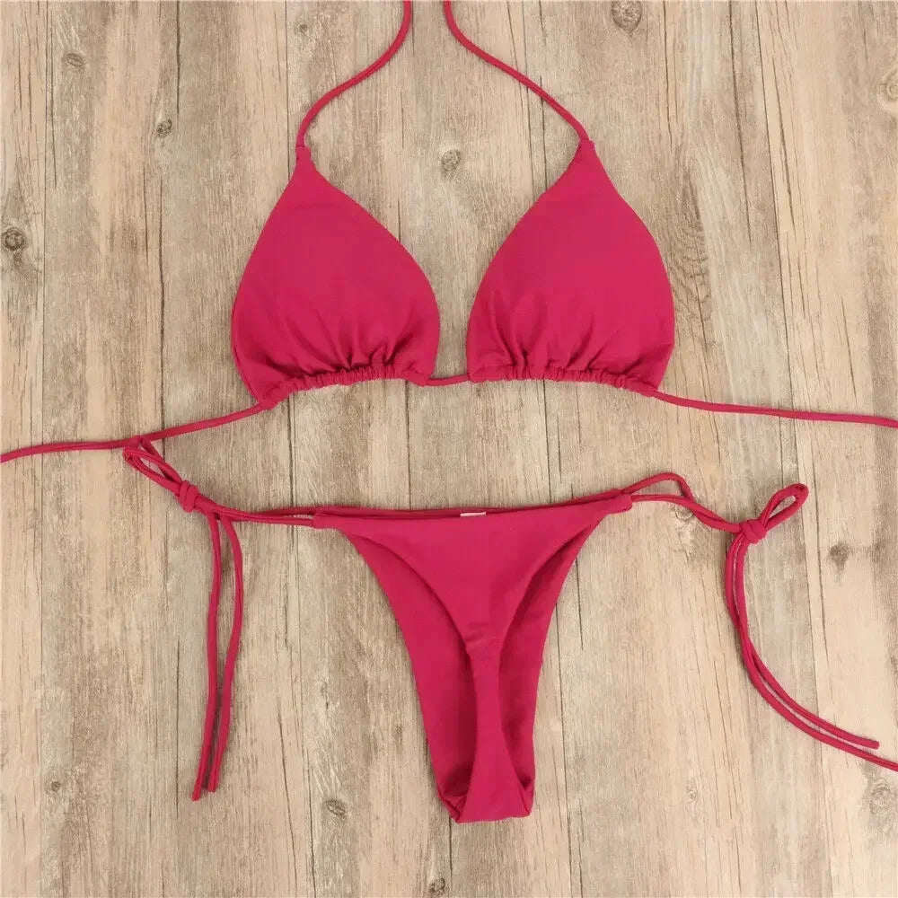 Women Thong Bikini Set Side Tie Sexy Swimsuit Bandage Style Brazilian Swimwear Neck Hanging Solid Color Adjustable Swimsuit Set Wine Red