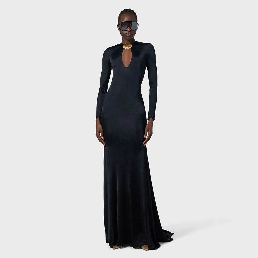 Elegant Solid Women Long Sleeved Floor Length Dress Sexy Party Backless Slim Female Maxi Dresses 2025 Summer New Chic Lady Robe