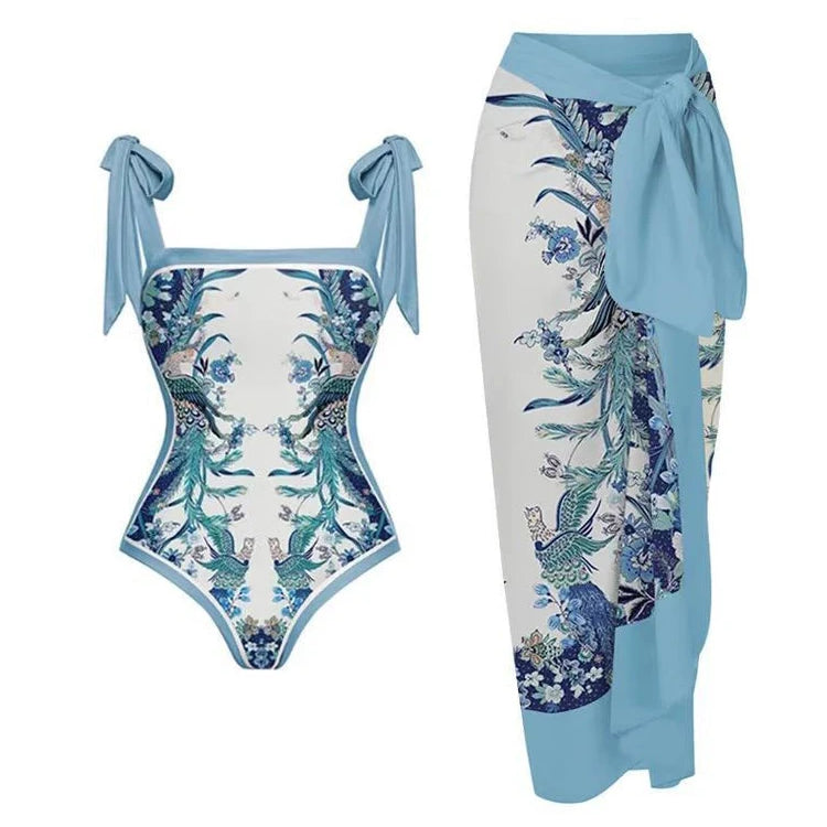 2024 New Fashion Double Sided Printed Lace Up One Piece Swimsuit Women 2023 Sexy High Waisted Lace Up Bikini Swimsuit Cover Up Flying Bird 2 CHINA