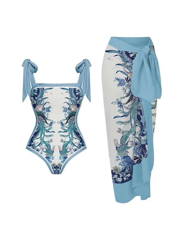 2024 New Fashion Double Sided Printed Lace Up One Piece Swimsuit Women 2023 Sexy High Waisted Lace Up Bikini Swimsuit Cover Up Flying Bird 2 CHINA