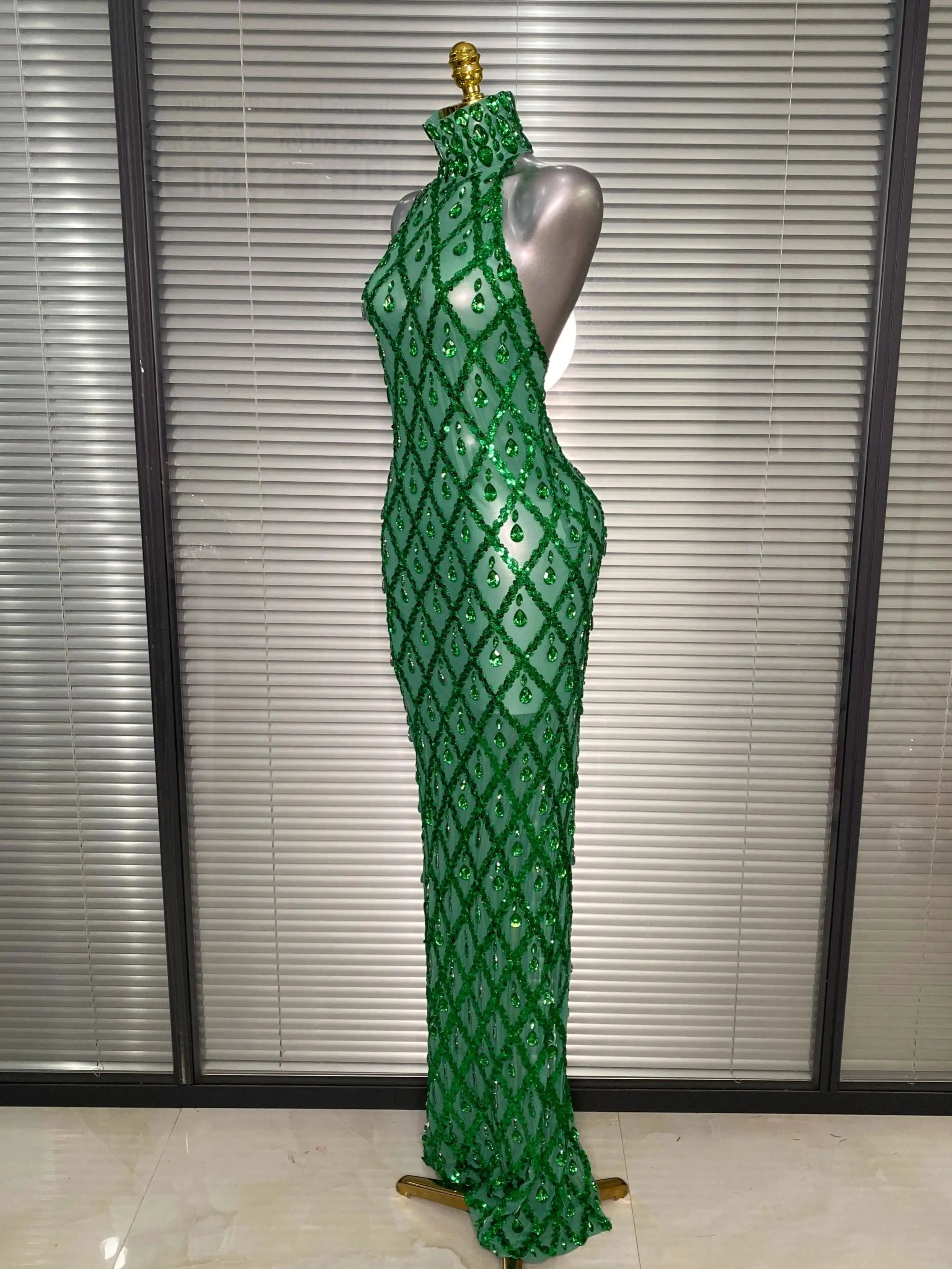 New Women Sexy Mesh Green Crystal Diamonds Maxi Dress See Through Brown Party Costume Stage Performance Dress