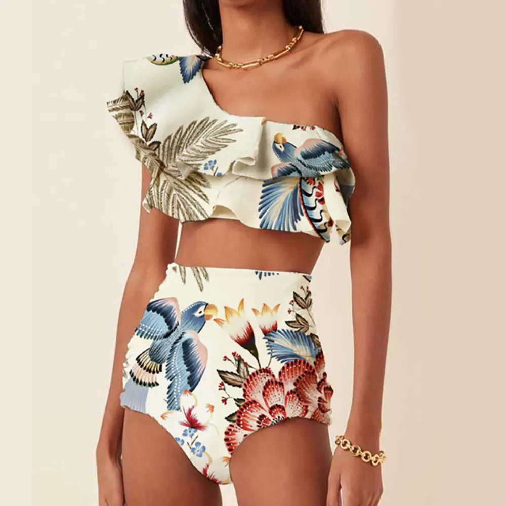 Fashion One Shoulder Ruffle Swimsuit Colorful Parrot Print Bikini High Waist Backless Sexy Beachwear Chic Pool Wear Women
