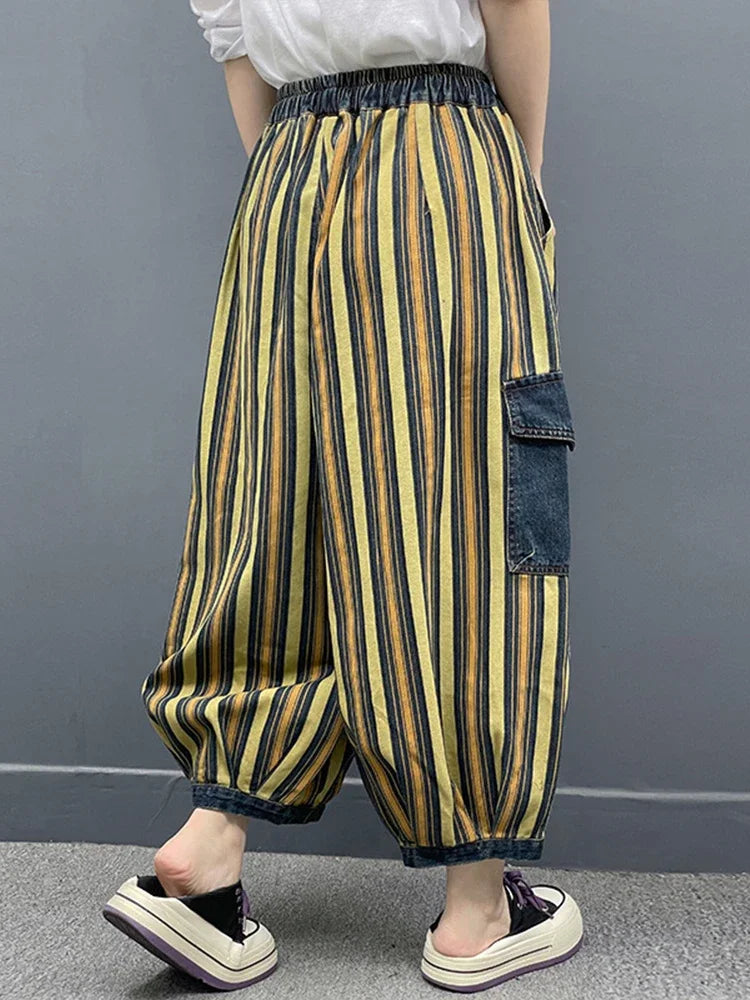 Spring Womens Fashion Striped Denim Wide Leg Pants Ladies Classic Loose Vintage Casual Jeans Females Punk Trousers