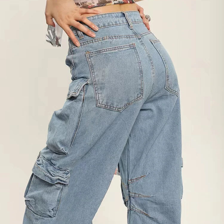 Grunge Punk High Street Style Oversized Cargo Jeans Women Spring Autumn Y2K Korean Fashion Pockets Loose Denim Boyfriend Pants