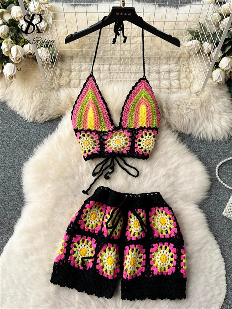 SINGREINY Summer Hollow Out Beach Suits Women Strap Halter Sexy Top+Mini Shorts Fashion Floral Knitted Bohemian Two Pieces Sets
