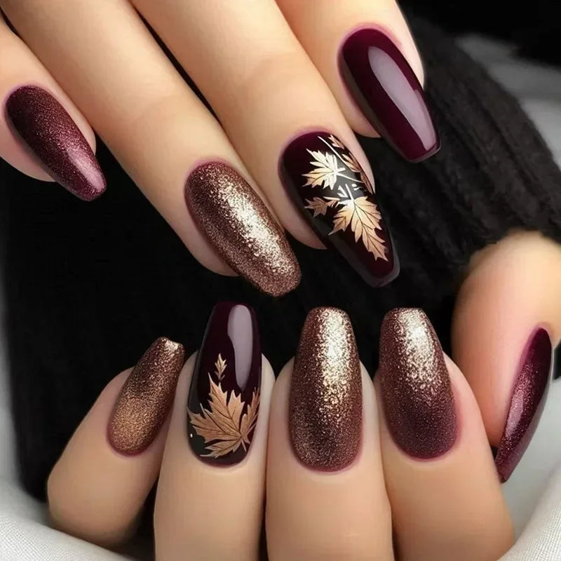 24Pc Retro Gold False Nails Mid-length Square Ballet Acrylic Press on Nails with Maple Leaves Designs Fake Nails with Jelly Glue