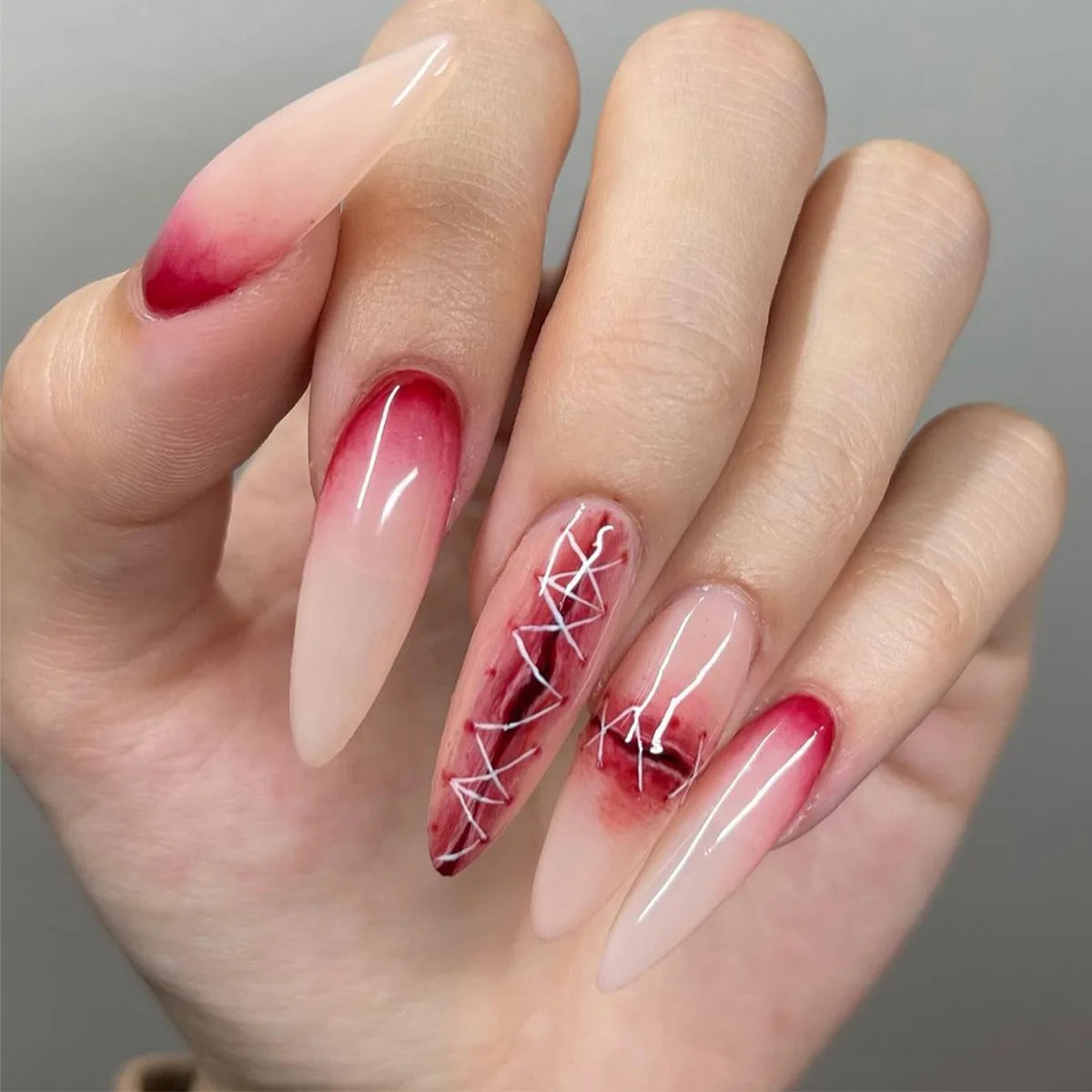 24Pcs short black halloween almond wearable fake nails with red rhinestone design simple nail art full cover nail tips for girls