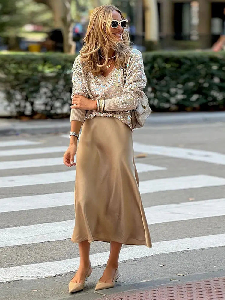 Fashion Sequins Glitter Loose Sweaters For Women Sexy V Neck Long Sleeve Wram Jumper Tops Office Ladies Weam Commute Pullover