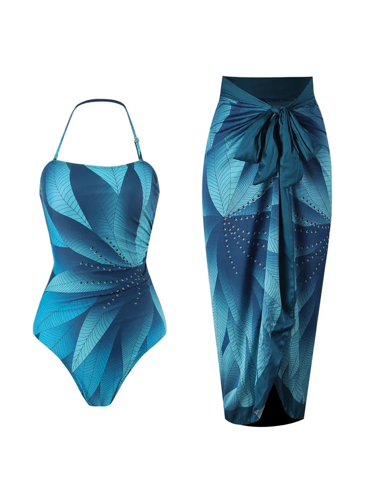 Elegant Blue Leaf Printed One Piece Swimsuit Woman Fashion High Waisted Hanging Neck Swimwear French Covered Belly Bikini A-Suit
