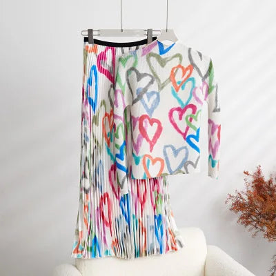 Spring Autumn Runway 2 Pieces Sets Women's Turtleneck Flower Print Stretch Pullover Top+Long Pleated Skirt Suit Female Outfits