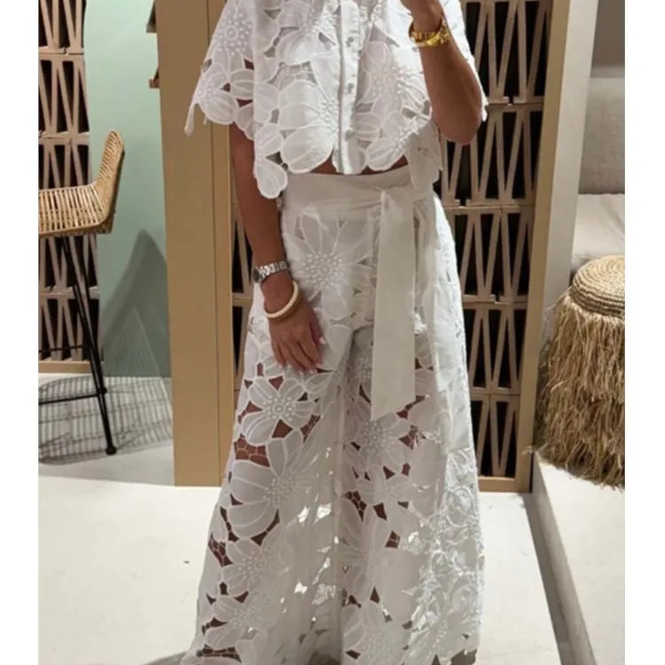 Sexy Lapel Single-breasted Shirt Top + Wide-leg Pants 2-piece Set Women Fashion Solid Color Elegant Casual Hollow Suit Female