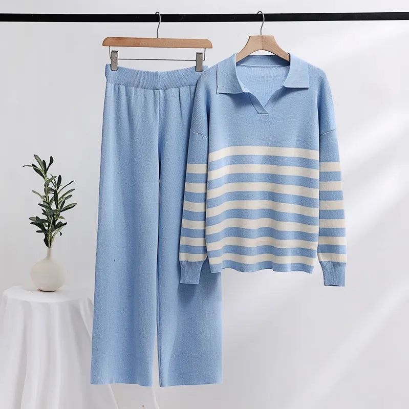 Winter Knit Tracksuit Two Piece Set Striped Sweater Matching Sets Women Knit Suit Knitted Two Piece Pants Sets For Women 2023 SKY BLUE One Size