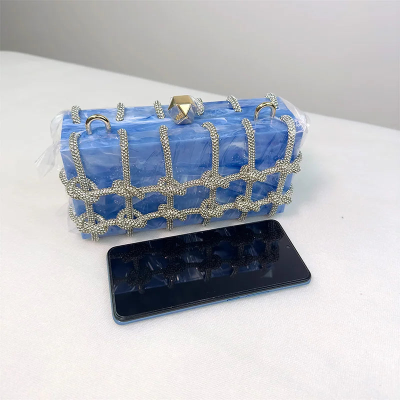 Luxury Rhinestone Purses For Women Brand Fashion Designer Handbags Marbling Evening Clutch Versatile Party Rhinestone Bag Blue