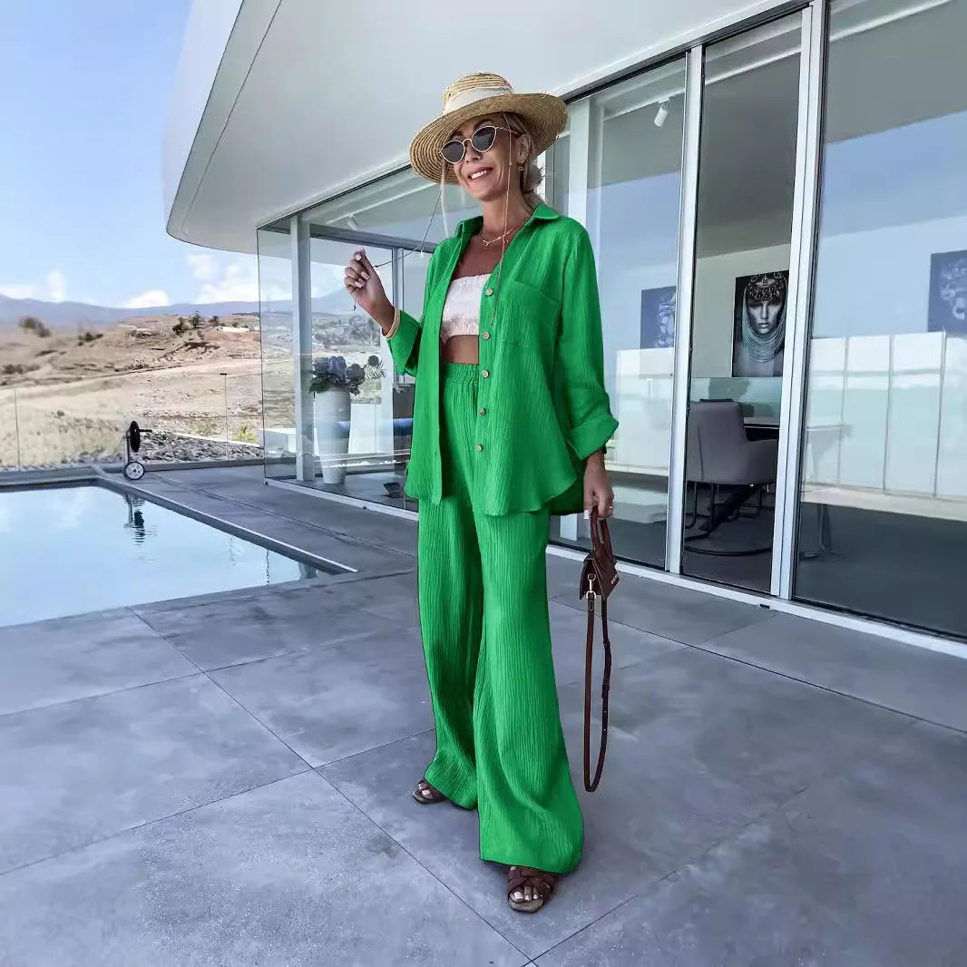 Solid Color Casual Loose Pants Sets For Women 2024 Elegant Autumn Women's Two Pieces Suit Full Trouser Set Female Outfit Clothes