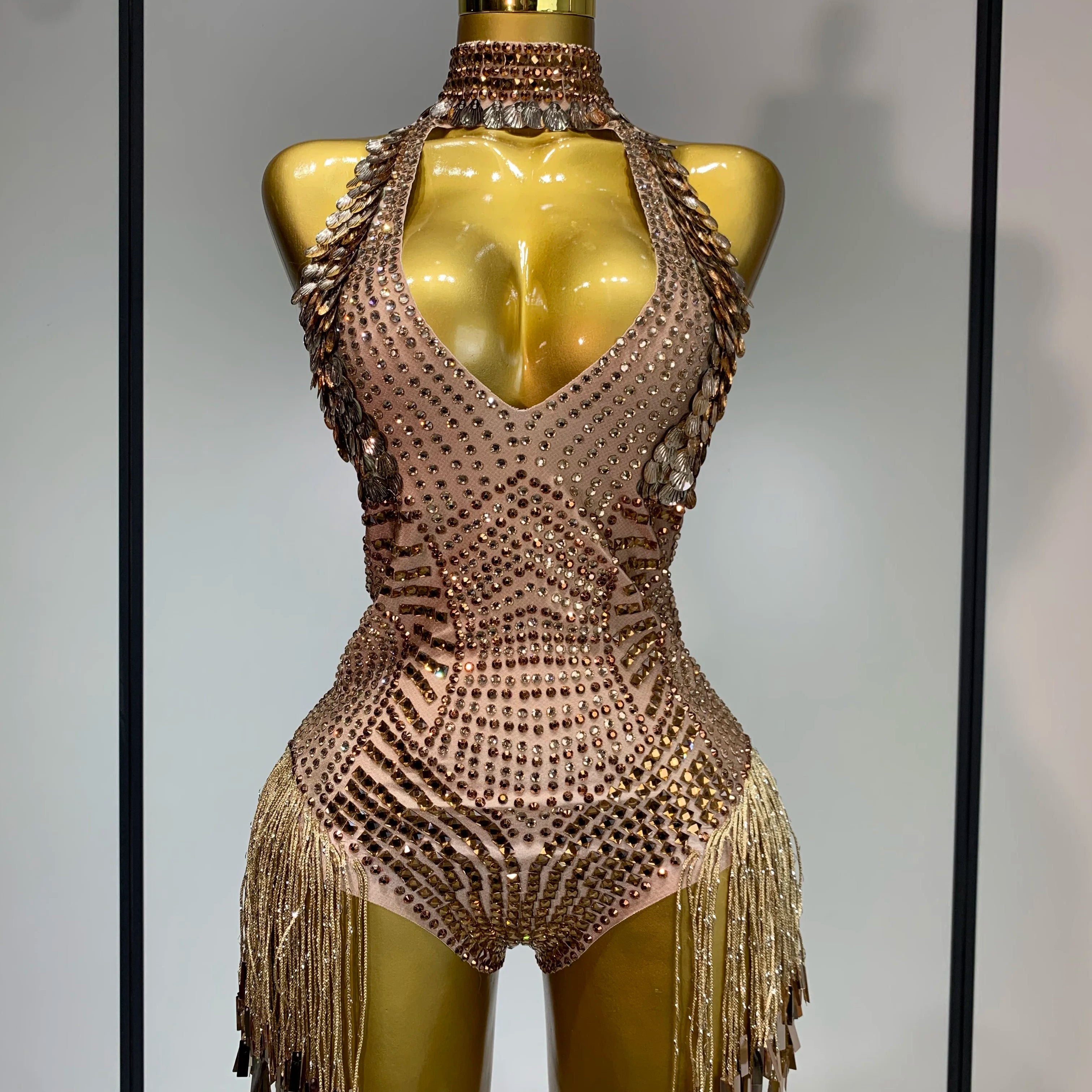 Luxury Sparkly Rhinestones Tassels Sequins Bodysuit Women Sexy Halter Backless Stage  Performance Costume Club Birthday Outfit