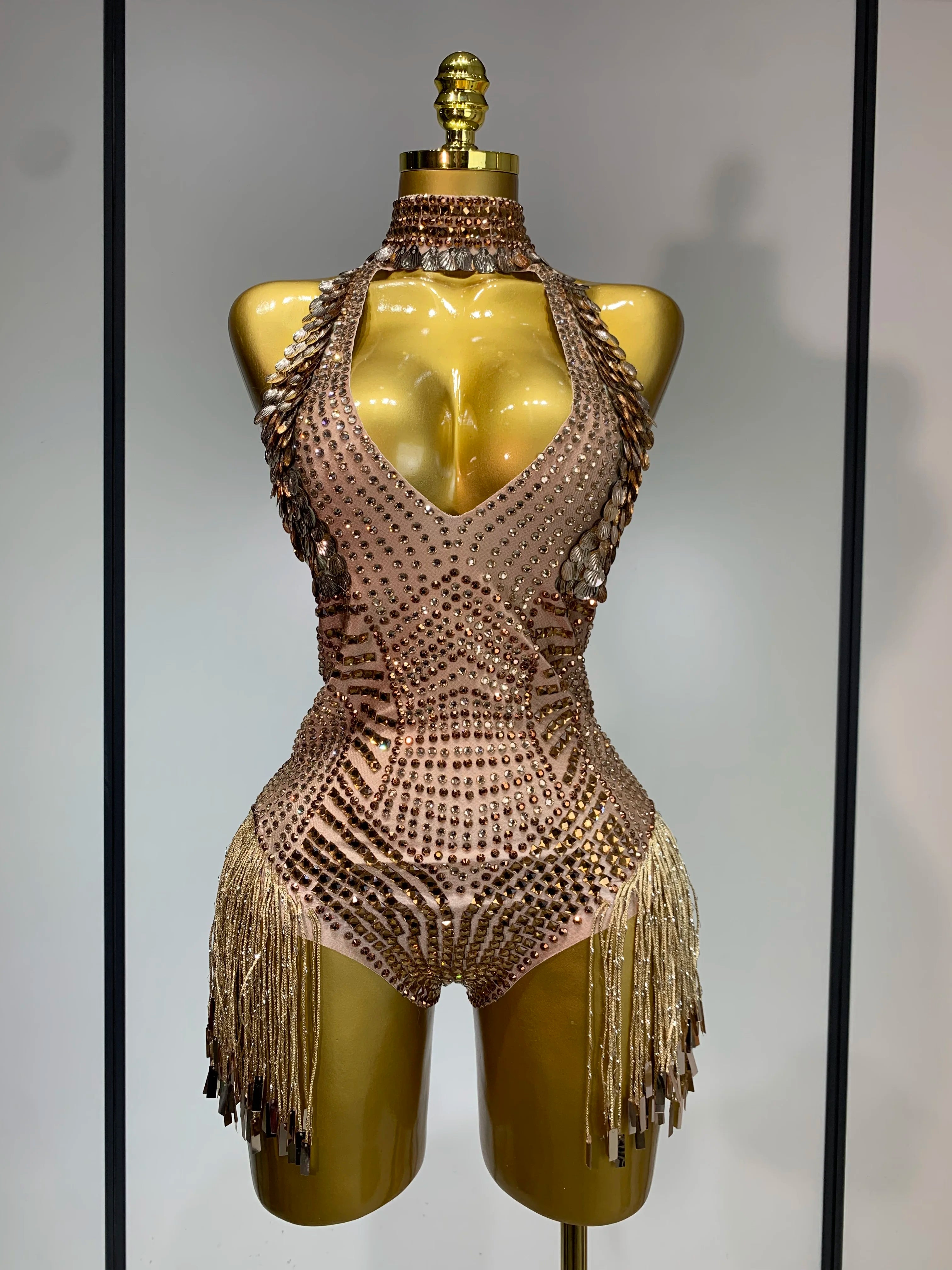 Luxury Sparkly Rhinestones Tassels Sequins Bodysuit Women Sexy Halter Backless Stage Performance Costume Club Birthday Outfit