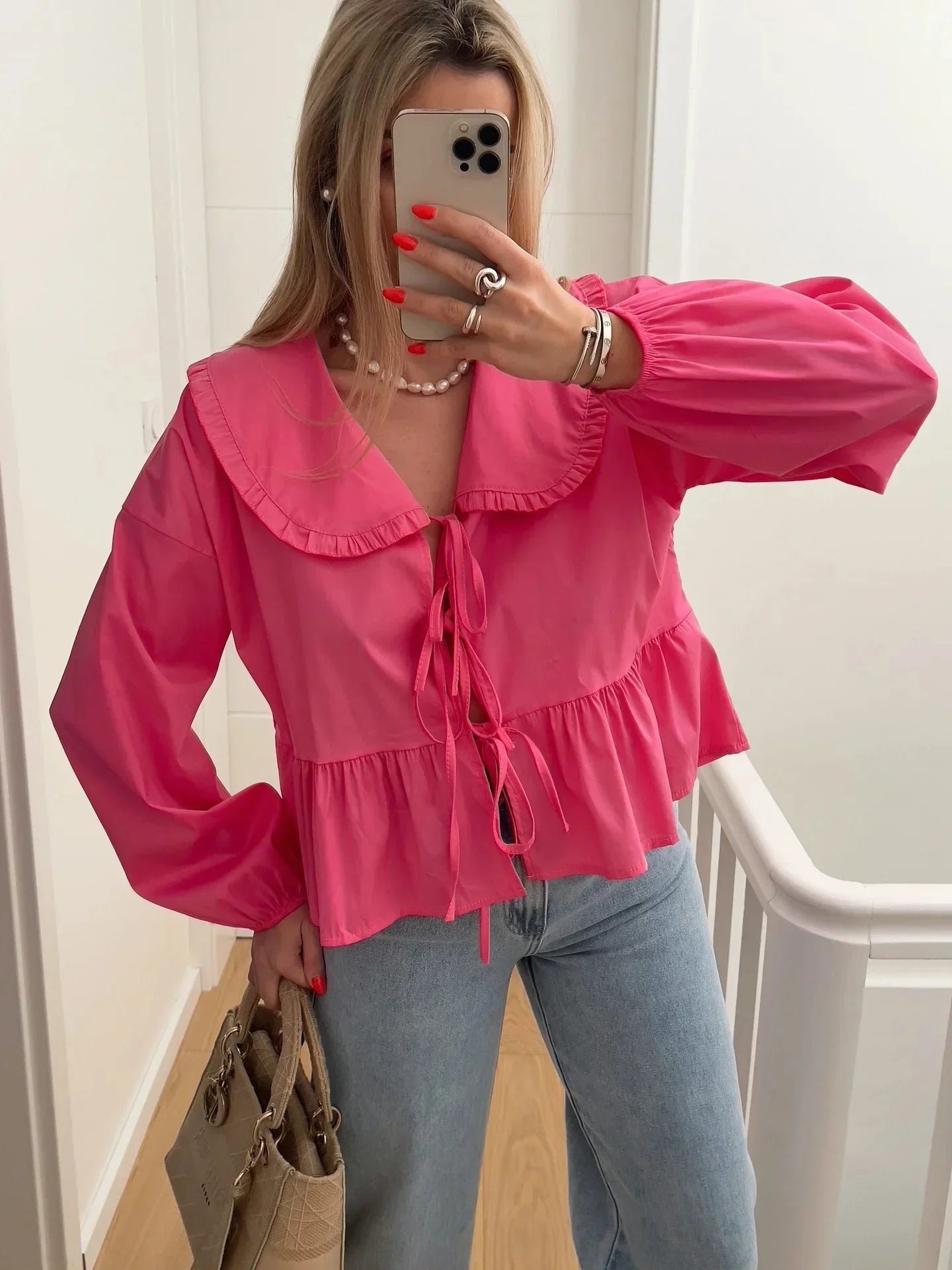 EDSA Women Elegant Ruffles Shirt Summer Blouse with Peter Pan Collor Lantern Sleeves Bow Buttons Sweet Soft Top