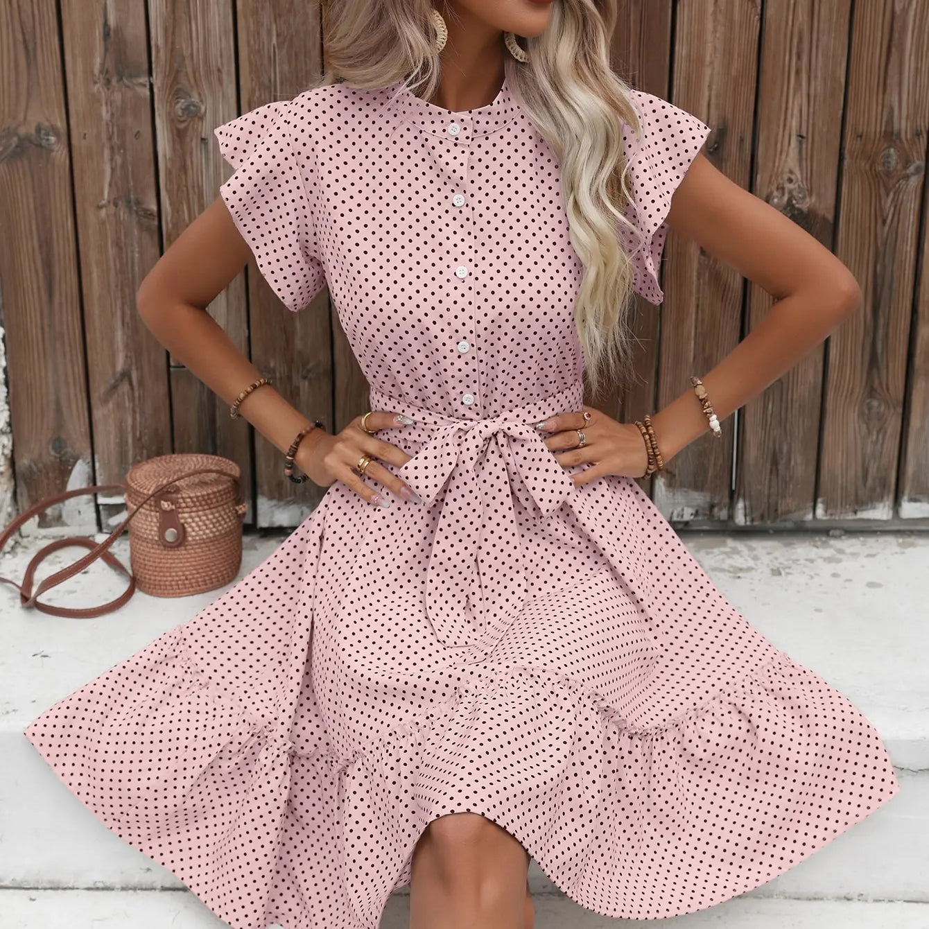 European and American women's polka dot printed butterfly sleeves with ruffled edges and wide pine hem waistband dress