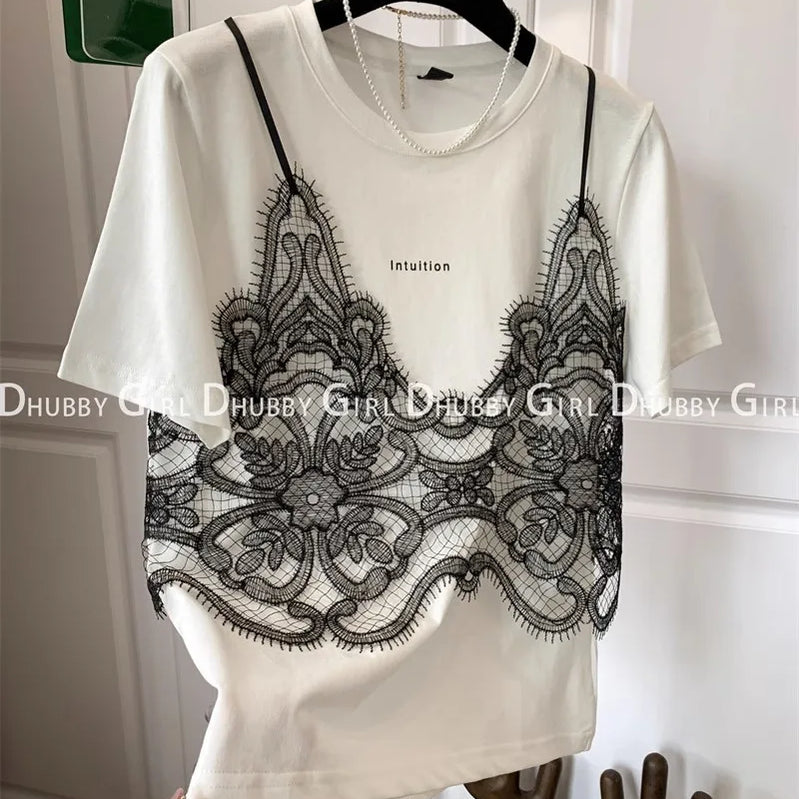 Summer Tshirts Women Fake Two Piece Chest Lace Stitching T-Shirt Fashion Tops Ladies Chic T-Shirt Female Short Sleeve Casual Tee WHITE CHINA