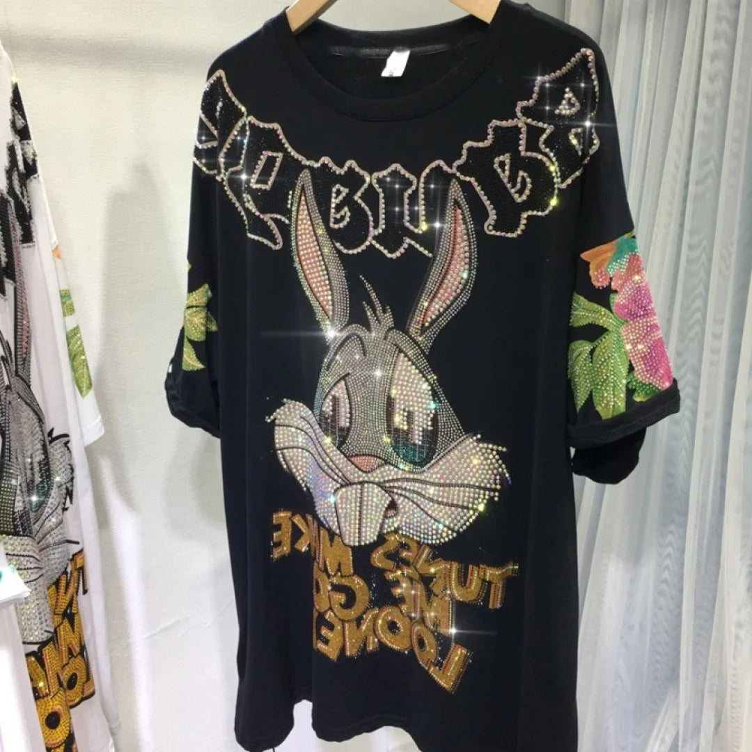 XL-4XL Plus Size Women Clothing Rhinestone Rabbit Cool Women's T-shirt Large Size Gothic Big Size Short Sleeve Tunic Tops 150KG
