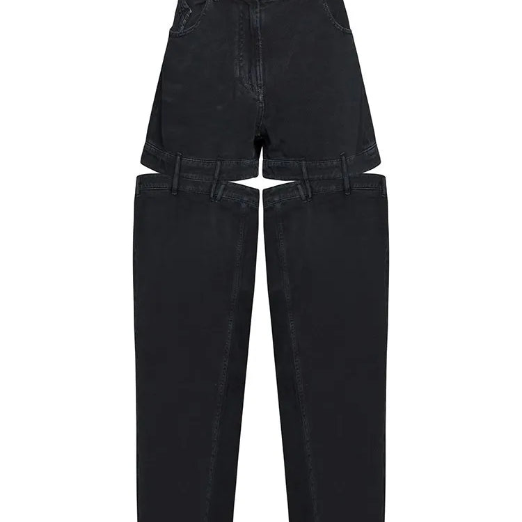 Spliced Zipper Hollow Out demin Jeans For Women High Waist Patchwork Pockets Wide Leg Jean Female Fashion Clothing BLACK