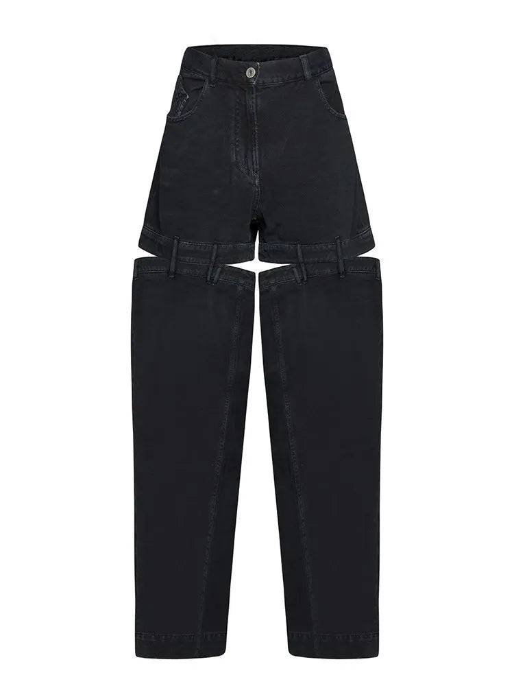 Spliced Zipper Hollow Out demin Jeans For Women High Waist Patchwork Pockets Wide Leg Jean Female Fashion Clothing BLACK