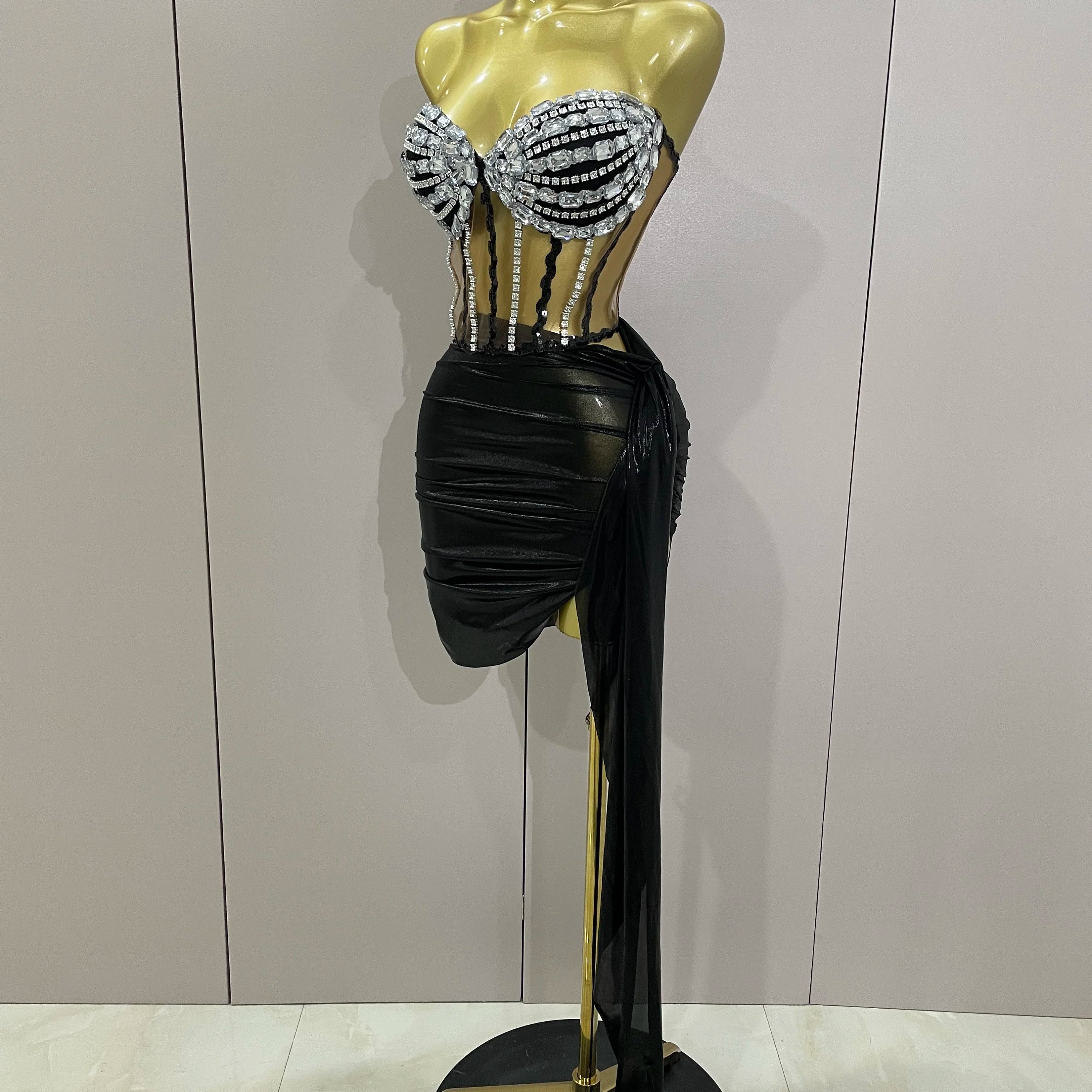 Sexy Shining Rhinestone Sequin 2 Pieces Top Skirt Set 2025 Women Celebrity Evening Party Stage Nightclub Performance Costume