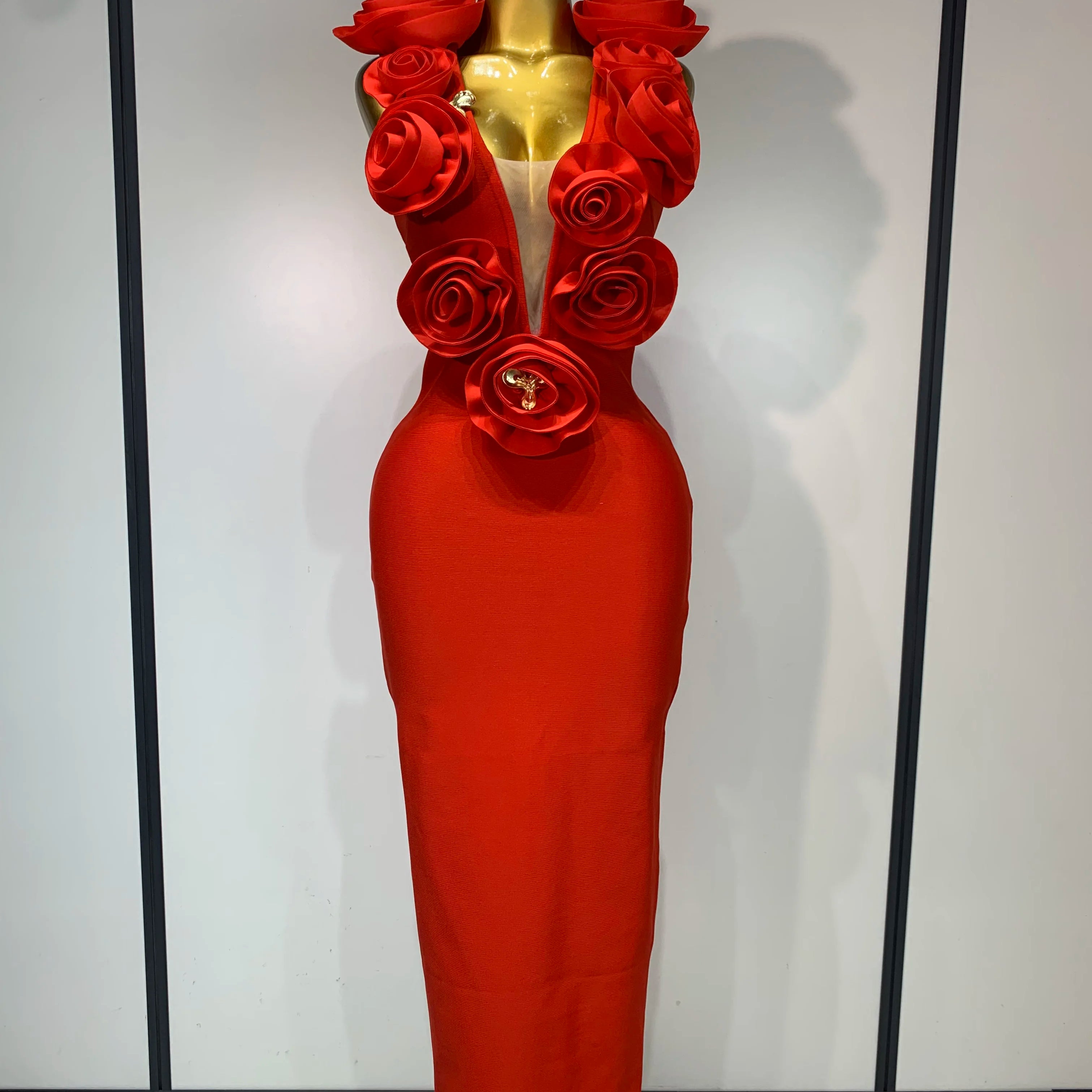 Fashion Black 3D Flower Bodycon Long Bandage Dress Celebrity Elegant Party Birthday Dress Women's Sleeveless Sexy Vestidos