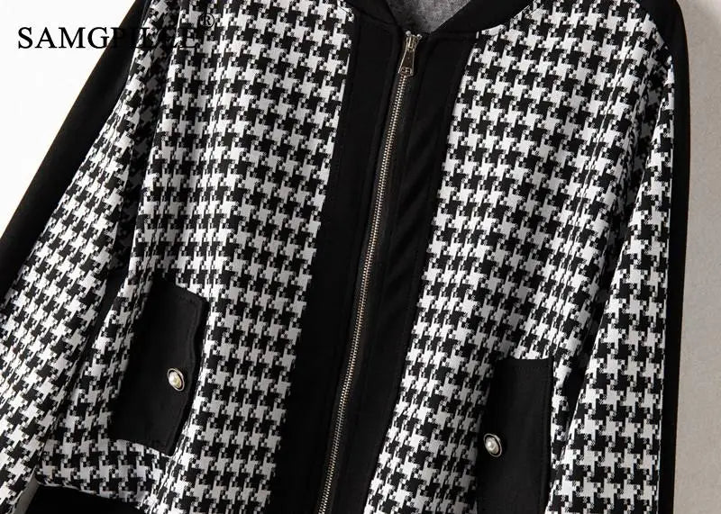 Two Piece Sets Womens Outifits 2024 New Houndstooth Cardigan Jacket Wide Leg Pants Autumn Winter Elegant Women's Sets 4XL